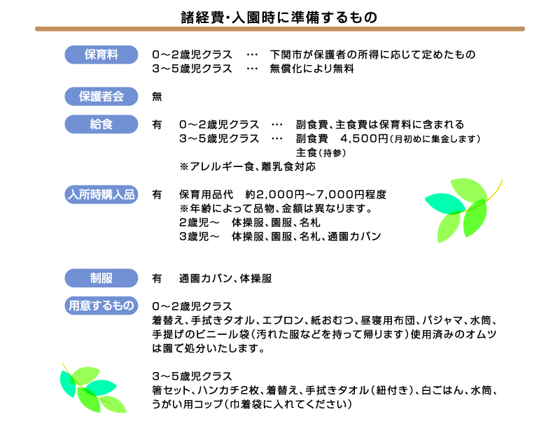 諸経費・入園時に準備するもの